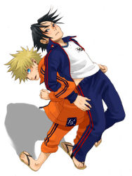  2boys artist_request assisted_stretching back-to-back blonde_hair exercising facial_mark flip-flops konohagakure_symbol lifting_person locked_arms long_sleeves male_focus multiple_boys naruto naruto_(series) orange_shirt sandals shirt stretching track_suit uchiha_sasuke uzumaki_naruto whisker_markings zouri  rating:Sensitive score:5 user:danbooru