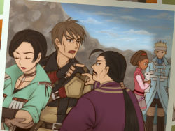  2girls 3boys ace_(suikoden) aila_(suikoden) black_hair blonde_hair brown_eyes brown_hair rabbit choker crossed_arms dark_skin closed_eyes facial_hair feathers fingerless_gloves gensou_suikoden gensou_suikoden_iii gloves green_eyes dreadlocks headband jacques_(suikoden) joker_(suikoden) long_hair milk1110 multiple_boys multiple_girls mustache queen_(suikoden) short_hair 
