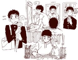  aged_down bag bathroom black_hair drinking_straw drinking_straw_in_mouth freckles highres holding holding_umbrella korean_text mirror mob_psycho_100 monochrome school_bag school_uniform serizawa_katsuya short_hair umbrella 