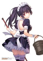  1girl apron black_dress black_hair black_thighhighs breasts character_request choker cowboy_shot dress female_focus frilled_thighhighs frills from_behind hair_between_eyes headphones high_ponytail highres holding long_hair looking_at_viewer looking_back maid maid_headdress medium_breasts ponytail red_eyes short_dress simple_background smile solo standing takeuchi_takashi thighhighs white_apron white_background  rating:Sensitive score:18 user:danbooru