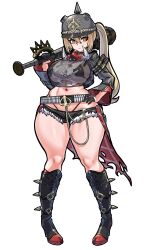  1girl absurdres aged_up alternate_breast_size ammunition ammunition_belt baseball_bat black_boots black_bra black_gloves black_jacket black_shorts blonde_hair boots bra breasts combat_helmet crossed_bangs curvy emblem full_body gloves hair_between_eyes hand_on_own_hip helmet high_heel_boots high_heels highleg highleg_panties highres holding holding_weapon jacket large_breasts looking_at_viewer luciana_de_montefio mask micro_bra micro_shorts midriff mold_(pixiv6616319) mouth_mask navel open_clothes open_jacket over_shoulder panties panty_straps red_eyes red_panties see-through_clothes see-through_shirt shirt shorts sidelocks simple_background skindentation solo spiked_boots spiked_helmet spiked_knuckles standing thick_thighs thighs torn_clothes tusks underwear weapon weapon_over_shoulder white_background wide_sleeves zenless_zone_zero 