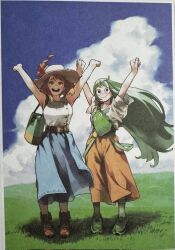 2girls aged_up armpits arms_up asui_tsuyu bag belt blue_dress boku_no_hero_academia brown_hair buttons closed_mouth cloud cloudy_sky day dress grass green_hair hat highres horikoshi_kouhei long_hair looking_at_viewer multiple_girls open_mouth orange_pants pants photo_(medium) shirt shoes short_hair sky sleeveless sleeveless_shirt smile socks teeth third-party_source uraraka_ochako very_long_hair white_shirt
