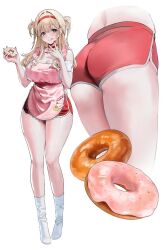  1girl apron ass blonde_hair breasts choker commentary dolphin_shorts donut food goddess_of_victory:_nikke hairband holding holding_donut holding_food laevan large_breasts licking_lips long_hair multiple_views no_shoes official_alternate_costume pink_apron red_choker red_eyes red_hairband red_nails red_shorts shirt shorts socks symbol-only_commentary thighs tia_(nikke) tia_(sweet_chef)_(nikke) tongue tongue_out two_side_up white_shirt white_socks 