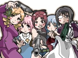  5girls akemi_homura apron bad_id bad_pixiv_id balalaika_(black_lagoon) balalaika_(black_lagoon)_(cosplay) balalaika_(cosplay) beretta_92 black_lagoon blush_stickers cosplay cross denim denim_shorts derivative_work eda_(black_lagoon) eda_(black_lagoon)_(cosplay) female_focus glasses gloves gun hairband handgun hoshino. kaname_madoka knife m1911 mahou_shoujo_madoka_magica mahou_shoujo_madoka_magica_(anime) maid maid_apron miki_sayaka multiple_girls nun outline parody revy_(black_lagoon) revy_(black_lagoon)_(cosplay) roberta roberta_(black_lagoon) roberta_(black_lagoon)_(cosplay) roberta_(cosplay) sakura_kyoko shenhua shenhua_(cosplay) shorts smile stechkin_aps tomoe_mami weapon 