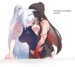 2girls absurdres black_shorts blue_hair blue_shirt blush brown_hair colored_extremities colored_skin commentary english_commentary english_text feixiao_(honkai:_star_rail) fingering frankhang4 grabbing_another&#039;s_breast gradient_hair gradient_skin groping hand_under_clothes hand_under_shirt highres honkai:_star_rail honkai_(series) lingsha_(honkai:_star_rail) long_hair multicolored_hair multiple_girls open_clothes open_shorts parted_lips ponytail reach-around red_hair red_skin shirt shorts simple_background smile white_background white_hair yuri 