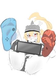  1girl asymmetrical_legwear blonde_hair blue_socks blush feet feet_up helmet highres long_hair looking_at_viewer luciana_de_montefio micro_shorts mismatched_legwear parted_lips red_eyes red_socks shorts side_ponytail socks soles toes v.a._(vanilla) zenless_zone_zero 