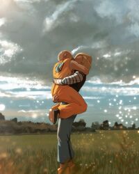 1boy 1girl android_18 bald bald_male blonde_hair broonoart cloud cloudy_sky couple dragon_ball grabbing_another&#039;s_ass grass groping hug husband_and_wife kiss kuririn lifting_person sky sparkle_background tree