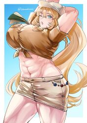  1girl abs arms_up barghest_(fate) barghest_(swimsuit_archer)_(fate) barghest_(swimsuit_archer)_(first_ascension)_(fate) blue_eyes blush breasts brown_skirt cibamatoxins commentary_request cowboy_shot crop_top cropped_shirt denim denim_skirt fate/grand_order fate_(series) front-tie_top hat highres huge_breasts long_hair midriff miniskirt muscular muscular_female navel one_eye_closed ponytail skirt solo stretching thick_thighs thighs twitter_username very_long_hair white_hat 