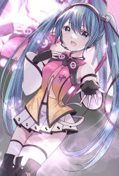  1girl aqua_eyes aqua_hair blue_eyes boots detached_sleeves dress fingerless_gloves freely_tomorrow_(vocaloid) gloves green_hair hatsune_miku hatsune_miku_(star_voice) headset highres long_hair looking_at_viewer necktie open_mouth project_diva_(series) project_diva_f siquartz22 skirt smile solo thigh_boots thighhighs twintails very_long_hair vocaloid 