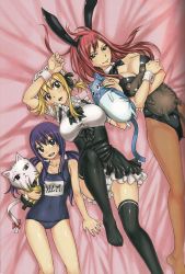  3girls absurdres alternate_costume animal_ears arm_up bare_shoulders bed bed_sheet black_bow black_legwear blonde_hair blue_hair blush bow bowtie breasts brown_eyes brown_legwear character_doll character_pillow charle_(fairy_tail) cleavage collarbone crossed_arms detached_collar doll erza_scarlet fairy_tail fake_animal_ears feet female_focus fingernails frills groin hair_between_eyes hairband hand_on_head happy_(fairy_tail) head_tilt highres hip_focus holding hug indoors knee_up knees large_breasts leotard long_hair long_image looking_at_viewer low_twintails lucy_heartfilia lying maid maid_headdress mashima_hiro multiple_girls name_tag no_shoes official_art on_back on_bed one-piece_swimsuit open_mouth pantherlily panties pantyhose playboy_bunny ponytail rabbit_ears red_hair scan school_swimsuit shiny_clothes shiny_skin short_hair short_ponytail short_sleeves side_ponytail skin_tight skindentation small_breasts smile swimsuit tall_image teeth thighhighs thighs twintails underwear upskirt wendy_marvell white_panties wrist_cuffs  rating:Sensitive score:184 user:spiderfan