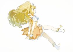  1girl absurdres arms_behind_back bag_bow bare_legs blonde_hair boots bow choker coattails commentary_request cure_peace eyelashes feather-trimmed_sleeves floating_hair footwear_ribbon frilled_skirt frills from_behind full_body hair_ornament happy high_heel_boots high_heels high_ponytail highres invisible_chair kise_yayoi long_hair looking_at_viewer looking_back magical_girl miniskirt morgue_(southsakura) open_mouth own_hands_together pink_bow pleated_skirt pointy_nose ponytail precure puffy_short_sleeves puffy_sleeves ribbon shirt short_sleeves simple_background single_stripe sitting skirt skirt_set smile smile_precure! solo striped_bow teeth tiara upper_teeth_only waist_bag white_arm_warmers white_background white_bag white_boots white_sleeves wing_hair_ornament wrist_cuffs yellow_choker yellow_eyes yellow_ribbon yellow_shirt yellow_skirt yellow_wrist_cuffs 