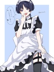  1boy apron arirurih black_hair black_thighhighs blue_background blue_eyes border crossdressing crossdressing_(mtf) garter_straps genshin_impact heart heart_in_eye highres maid maid_apron maid_headdress male_focus scaramouche_(genshin_impact) smirk solo symbol_in_eye thighhighs translation_request twitter_username white_border  rating:Sensitive score:13 user:danbooru
