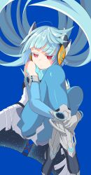  1girl absurdres adamski_s-rank_space aqua_hair blue_background closed_mouth clothing_request detached_sleeves duel_masters duel_masters_play&#039;s expressionless feet_out_of_frame highres hugging_own_legs knees knees_to_chest knees_up nekohitsuj96199 red_eyes simple_background 