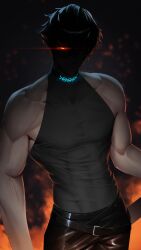  1boy abs absurdres arknights bare_shoulders belt black_pants black_shirt fire flamebringer_(arknights) glowing glowing_eye highres ikasamahideo male_focus pants pectorals shirt solo standing toned toned_male 