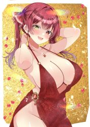  1girl arms_behind_head blush breasts dress earrings heterochromia highres hololive houshou_marine jewelry large_breasts long_hair looking_at_viewer necklace open_mouth petals red_dress red_eyes red_hair rota_kokko smile solo teeth twintails upper_teeth_only virtual_youtuber yellow_eyes 