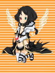  1girl asymmetrical_legwear belt belt_collar black_belt black_hair black_panties black_pants black_thighhighs blush closed_mouth collar commentary_request crop_top drawn_wings flat_chest front_slit full_body green_eyes heart heterochromia hood hood_down hooded_shirt long_sleeves looking_down meiko_(nattu303) mismatched_legwear orange_background panties pants ragnarok_online red_eyes shirt short_hair smile solo striped_background striped_clothes striped_panties striped_thighhighs suspenders thighhighs underwear warlock_(ragnarok_online) white_panties white_shirt white_thighhighs 