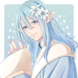  1boy androgynous aqua_background bishounen blue_eyes blue_hair blue_robe border colored_eyelashes commentary_request elezen elf final_fantasy final_fantasy_xiv flower hair_flower hair_ornament highres kuro11_222 lily_(flower) long_hair looking_at_viewer looking_to_the_side male_focus own_hands_together pointy_ears robe smile solo sparkle upper_body warrior_of_light_(ff14) white_border white_flower wide_sleeves 