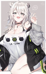  1girl :d absurdres ahoge animal_ear_fluff animal_ears black_choker black_jacket bra_strap breasts choker cleavage commentary double-parted_bangs fang grey_eyes grey_hair grey_socks hair_between_eyes hand_up heart highres hololive hood hooded_jacket jacket jewelry large_breasts lion_ears lion_tail long_hair long_hair_between_eyes long_sleeves looking_at_viewer loose_clothes loose_shirt loose_socks messy_hair necklace official_alternate_costume open_mouth raglan_sleeves shirt shishiro_botan shishiro_botan_(casual) simple_background single_sock skin_fang smile socks solo spoken_heart swept_bangs t-shirt tail todalbok106 virtual_youtuber white_shirt 