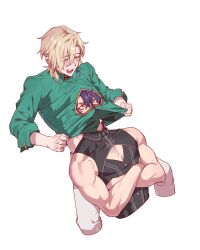  2boys ^_^ aventurine_(honkai:_star_rail) bare_shoulders black_shirt blonde_hair blue_hair blush closed_eyes clothes_lift clothing_cutout collared_shirt commentary_request cropped_legs crossed_arms dr._ratio_(honkai:_star_rail) gaeha_is green_shirt highres honkai:_star_rail honkai_(series) korean_commentary lifting_own_clothes male_focus multiple_boys open_mouth pants parted_hair shirt shirt_lift simple_background sleeve_cuffs sleeveless sleeveless_shirt smile teeth toned toned_male tongue white_background white_pants wing_collar 