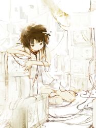  1girl absurdres bare_arms bare_shoulders brown_eyes brown_hair cable crt dress full_body glitch hair_ornament highres iwakura_lain jixing looking_at_viewer mouth_hold serial_experiments_lain short_hair sitting sleeveless sleeveless_dress solo spaghetti_strap wariza white_dress white_theme x_hair_ornament 