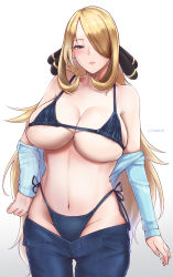  1girl absurdres bare_shoulders bikini bikini_jeans bikini_under_clothes blonde_hair breasts cleavage creatures_(company) cynthia_(pokemon) denim denim_bikini game_freak grey_eyes hair_ornament hair_over_one_eye highleg highleg_bikini highres jeans large_breasts lips lowleg lowleg_pants meme_attire navel nintendo one_eye_covered pants parted_lips partially_undressed pokemon pokemon_dppt shirt side-tie_bikini_bottom solo swimsuit tinnies underboob undersized_clothes unworn_clothes unworn_pants unworn_shirt 