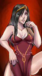 black_hair black_nails breasts cleavage commission commissioner_upload dress female hair_over_one_eye highres hong_mei_ling_(ways_of_darkness) jewelry large_breasts lips lipstick long_hair looking_at_viewer makeup medium_breasts nail_polish necklace official_art pierogizzasmazka red_dress red_lips side_slit smile solo tiara watermark ways_of_darkness_(series)