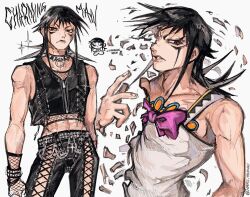  1boy abs alternate_costume belt bigmouth_strikes_again black_hair black_pants bow bracelet chain character_name charming_man chibi choker closed_mouth collar cowboy_shot crop_top facial_mark fingerless_gloves fishnet_gloves fishnet_top fishnets frown gloves highres jewelry jojo_no_kimyou_na_bouken long_hair looking_at_viewer male_focus midriff multiple_views naru_tomaki navel overalls pants pink_bow red_eyes sleeveless solo sparkle spiked_bracelet spiked_choker spiked_collar spikes stand_(jojo) studded_belt the_jojolands toned toned_male vest white_background white_overalls zipper 
