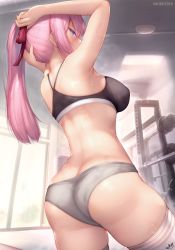 1girl armpits arms_up artist_name ass black_bra blue_eyes bra breasts butt_crack commentary from_behind grey_panties gym hair_ribbon highres indoors kawaii_dake_ja_nai_shikimori-san kimoshi long_hair medium_breasts paid_reward_available panties pink_hair ponytail red_ribbon ribbon shikimori_miyako solo sports_bra standing sweat thighhighs tying_hair underwear underwear_only weights white_thighhighs rating:Questionable score:176 user:danbooru