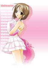  00s 1girl brown_eyes brown_hair copyright_name cute_&amp;_girly_(idolmaster) earrings elbow_gloves female_focus gloves hagiwara_yukiho halterneck idolmaster idolmaster_(classic) idolmaster_1 jewelry kusakabe_rei layered_skirt open_mouth own_hands_clasped own_hands_together skirt smile snow_strawberry solo 