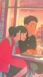 1boy 1girl animated assertive_female audible_music backpack bag black_hair blush boyfriend_(yoru_mac) chips_(food) clapping drink drinking food girlfriend_(yoru_mac) highres laughing mcdonald&#039;s official_art ponytail school_uniform short_ponytail sitting slice_of_life sound tagme uraura_ura-chan video window yoru_mac