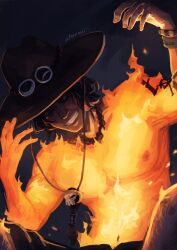  1boy arm_tattoo artist_name attyrocious black_hair bracelet clenched_teeth commentary fire freckles hat highres jewelry log_pose looking_at_viewer male_focus necklace one_piece pearl_necklace portgas_d._ace short_hair smile solo tattoo teeth upper_body 