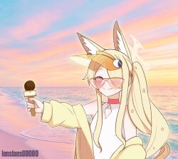  1girl animal_ears armpits artist_name bare_shoulders beach blonde_hair blue_archive blue_sky breasts choker closed_mouth cloud cloudy_sky collarbone cross_halo diamond_cutout flower fox_ears fox_girl hair_flower hair_ornament hair_over_one_eye halo hat_ornament holding holding_microphone jacket lenslans long_hair long_sidelocks long_sleeves meme microphone ocean off_shoulder official_alternate_costume official_alternate_hairstyle one-piece_swimsuit open_clothes open_jacket outdoors parody pink-tinted_eyewear pink_eyes red_choker sand seia_(blue_archive) seia_(swimsuit)_(blue_archive) side_ponytail sidelocks sky small_breasts smile solo sousou_no_frieren sunset swimsuit tanezaki_atsumi tinted_eyewear very_long_hair visor_cap voice_actor_connection white_one-piece_swimsuit yellow-tinted_eyewear yellow_eyes yellow_halo yellow_jacket yellow_visor you_can_just_give_this_kind_of_thing_to_men_and_they_will_be_thrilled_(meme) 