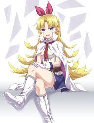  1girl blonde_hair blue_eyes boots busou_shoujo_machiavellism capelet cloak gloves hanasaka_warabi highres knee_boots kyuutou_(kyuutouryuu) crossed_legs long_hair ribbon shoe_soles thighhighs 
