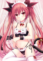 1girl animal_ears arm_support arm_under_breasts bell black_bra black_panties black_ribbon blush bow bow_bra bow_panties bra breasts candy cat_ears cat_tail choker date_a_live fake_animal_ears food frilled_bra frilled_panties frills hair_between_eyes hair_ribbon holding holding_candy holding_food holding_lollipop itsuka_kotori kmcgold30 lingerie lollipop long_hair looking_at_viewer midriff navel on_bed panties pillow red_bow red_eyes red_hair ribbon sidelocks sitting small_breasts solo string_panties tail tail_bell tail_ornament tail_ribbon thighhighs thighs twintails underwear v-shaped_eyebrows very_long_hair white_choker white_thighhighs rating:Sensitive score:67 user:danbooru