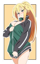  1girl bare_legs blonde_hair blue_eyes blush border breasts commentary cosplay darkness_(konosuba) flying_sweatdrops hair_between_eyes hair_ornament highres inconvenient_breasts jacket kono_subarashii_sekai_ni_shukufuku_wo! large_breasts long_hair no_pants nose_blush noyama_takenoko o3o outline outside_border ponytail ponytail_with_braided_base satou_kazuma satou_kazuma_(cosplay) simple_background solo very_long_hair white_background white_border white_outline x_hair_ornament yellow_background zipping 