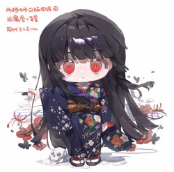  1girl :&lt; black_butterfly black_hair black_kimono black_sandals blunt_bangs blunt_ends bug butterfly chibi chinese_commentary chinese_text closed_mouth commentary_request dot_nose enma_ai expressionless floating_hair floral_print flower hime_cut insect japanese_clothes jigoku_shoujo kimono liangqi_shi light_frown light_particles long_hair long_sleeves looking_at_viewer obi outstretched_arm petals poppy_(flower) procreate_(medium) red_eyes red_flower red_sash sandals sash shadow sidelocks simple_background skull socks solo sparkling_eyes spider_lily standing straight-on straight_hair tabi tareme translation_request very_long_hair white_background white_socks wide_sleeves yukata zouri 