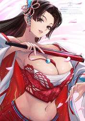 1girl bare_shoulders blunt_bangs breasts brown_hair cleavage ema_(emaura) falling_petals fatal_fury folding_fan hand_fan highres holding holding_fan large_breasts long_hair looking_at_viewer midriff navel official_alternate_costume official_alternate_hairstyle parted_bangs parted_lips petals pink_petals shiranui_mai smile snk solo street_fighter street_fighter_6 the_king_of_fighters
