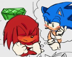  2boys animal_ears animal_nose blue_fur blush closed_eyes crossed_arms fishsoof furry furry_male gem gloves green_eyes green_gemstone knuckles_the_echidna male_focus master_emerald multiple_boys red_fur sonic_(series) sonic_the_hedgehog speech_bubble thought_bubble white_gloves yaoi 