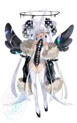  1girl absurdly_long_hair animal_ears anno_aano belt breasts fang fur-trimmed_jacket fur_trim halo highres jacket leotard long_hair open_mouth original rabbit_ears sharp_teeth small_breasts teeth thighhighs very_long_hair white_background white_eyes white_hair wings  rating:Sensitive score:4 user:danbooru