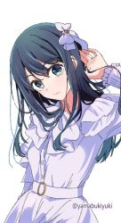  1girl blue_eyes blue_hair bow closed_mouth commentary_request cowboy_shot dress hair_bow kurokawa_akane long_hair looking_at_viewer oshi_no_ko simple_background solo white_background white_dress yamabukiyuki 