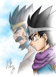  2boys aqua_gemstone beard black_facial_hair black_hair blue_gemstone blue_tunic brown_tunic cape cheekbones circlet closed_eyes commentary_request dragon_quest dragon_quest_iii facial_hair father_and_son gem gold_circlet green_eyes hero_(dq3) highres male_focus multiple_boys murakami_yumiko mustache ortega_(dq3) profile purple_cape roto_(dq3) scar scar_across_eye scar_on_face short_hair signature silver_circlet spiked_hair toriyama_akira_(style) tunic upper_body 