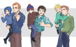  6+boys animification beanie black_hair blonde_hair blue_headwear blue_jacket butters_stotch child chullo craig_tucker facial_hair father_and_son hand_in_pocket hat highres jacket long_sleeves male_focus middle_finger miyage_no_nukegara multiple_boys mustache necktie pants randy_marsh smile south_park stan_marsh stephen_stotch thomas_tucker 