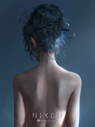 1girl artist_name back back_focus bare_back blue_hair facing_away from_behind hair_bun highres nixeu nude original shoulder_blades sidelighting single_hair_bun solo upper_body rating:Sensitive score:28 user:danbooru