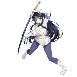  1girl armband black_hair black_pantyhose blue_eyes boots breasts cosplay dolphin_wave drawing_sword fighting_stance game_cg gloves highres holding holding_sheath holding_sword holding_weapon ikaruga_(senran_kagura) ikaruga_(senran_kagura)_(cosplay) katana large_breasts long_hair looking_at_viewer military_uniform non-web_source official_alternate_costume official_alternate_hairstyle ootomo_takuji open_mouth pantyhose pleated_skirt ready_to_draw senran_kagura senran_kagura_new_link sheath sheathed skirt smile solo sword tojou_michiru transparent_background unsheathing weapon white_boots white_gloves wig 