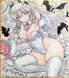 1girl absurdres alternate_costume animal_ear_hairband animal_ears bat_(animal) bow braid breasts card cleavage commentary_request dated detached_collar detached_sleeves fake_animal_ears falling_petals flower green_bow grey_hair grey_leotard grey_thighhighs hair_bow hairband hat highleg highleg_leotard highres holding holding_unworn_clothes holding_unworn_hat izayoi_sakuya knife large_breasts leotard looking_at_viewer monety petals pink_eyes playboy_bunny playing_card pocket_watch rabbit_ears rabbit_tail red_flower red_petals red_rose rose shikishi signature single_braid solo strapless strapless_leotard tail thighhighs thighs touhou traditional_media unworn_hat unworn_headwear watch