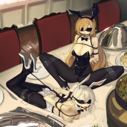 2girls absurdres arms_behind_back bdsm black_leotard black_pantyhose blindfold blonde_hair blush bondage bound bound_arms bow bowtie breasts cad_(caddo) carrot commission cousins detached_collar food_gag gag high_heels highres hogtie large_breasts large_variant_set leotard long_hair medium_breasts multiple_girls nakiri_alice nakiri_erina pantyhose playboy_bunny restrained second-party_source sex_toy shibari shokugeki_no_souma short_hair variant_set vibrator vibrator_under_clothes white_hair white_leotard