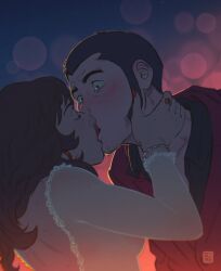  1boy 1girl arsene_lupin_iii backless_shirt backlighting black_hair black_shirt blush bracelet breasts brown_hair chromatic_aberration closed_eyes david_tako earrings facial_hair frilled_shirt frills gem goatee_stubble grey_eyes hand_on_another&#039;s_neck highres hoop_earrings jacket jewelry kiss lens_flare long_hair lupin_iii medium_breasts mine_fujiko mole mole_on_back mole_on_cheek mole_on_hand mole_on_nose red_gemstone red_jacket red_lips red_nails ring shirt short_hair sideburns signature stubble thick_eyebrows upper_body very_short_hair wide-eyed 