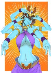  1girl breasts brown_eyes brown_hair character_request helmet highres jewelry large_breasts legs looking_at_viewer midriff multiple_arms navel outstretched_arms pants short_hair smile solo thighs underboob v 