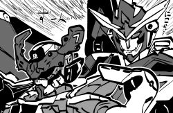  bravern closed_mouth crossover engiyoshi gquuuuuux gundam gundam_gquuuuuux highres mecha mobile_suit monochrome no_humans robot science_fiction super_robot upper_body v-fin yuuki_bakuhatsu_bang_bravern 