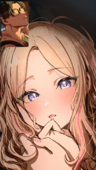  1boy 1girl absurdres black-framed_eyewear black_hair blonde_hair blush close-up commentary_request fingernails forehead gakuen_idolmaster glasses highres idolmaster inset juo_sena kasasagi_(futagodori888) multicolored_hair open_mouth pink_hair portrait pov producer_(idolmaster) purple_eyes streaked_hair two-tone_hair video_call 